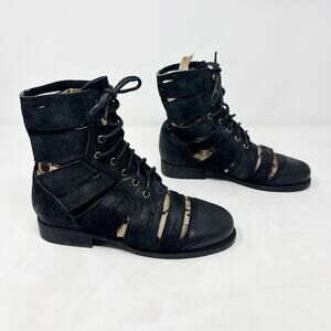 [Jeffrey Campbell] Black Slashed Nubuck Leather Lace Up Combat Boots Size 6.5